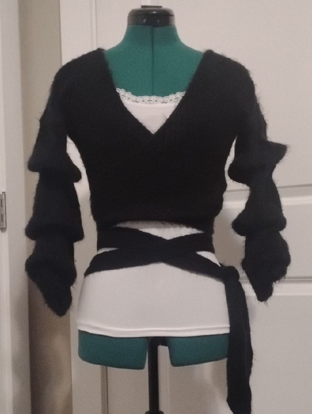 Black Fuzzy Wrap Crop Sweater with Tiered Balloon Sleeves
